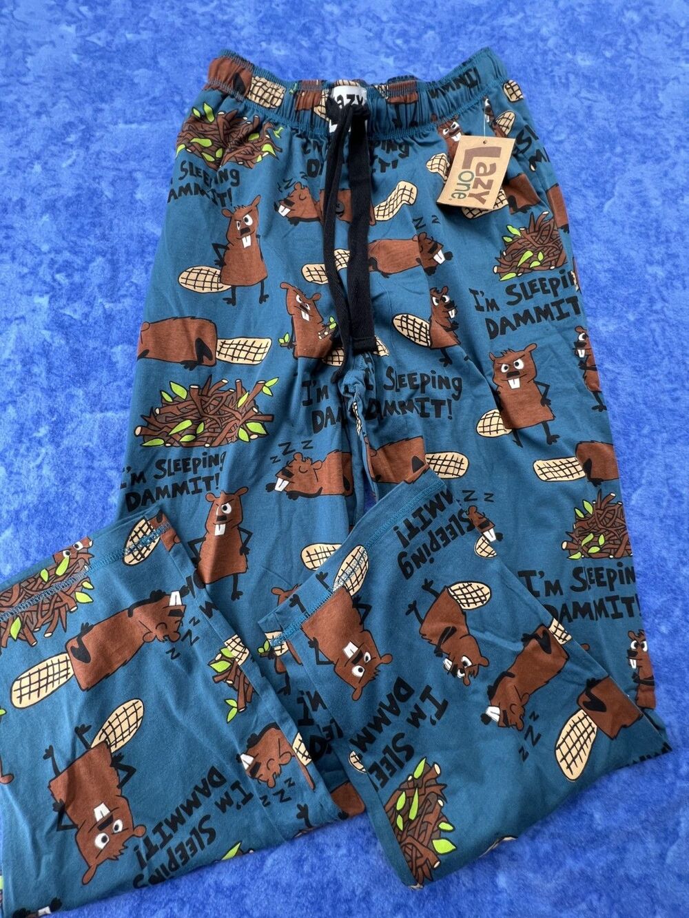 NWT LAZY ONE Men's Size Small Sleep Dammit Blue Beaver-Patterned Pajama Pants